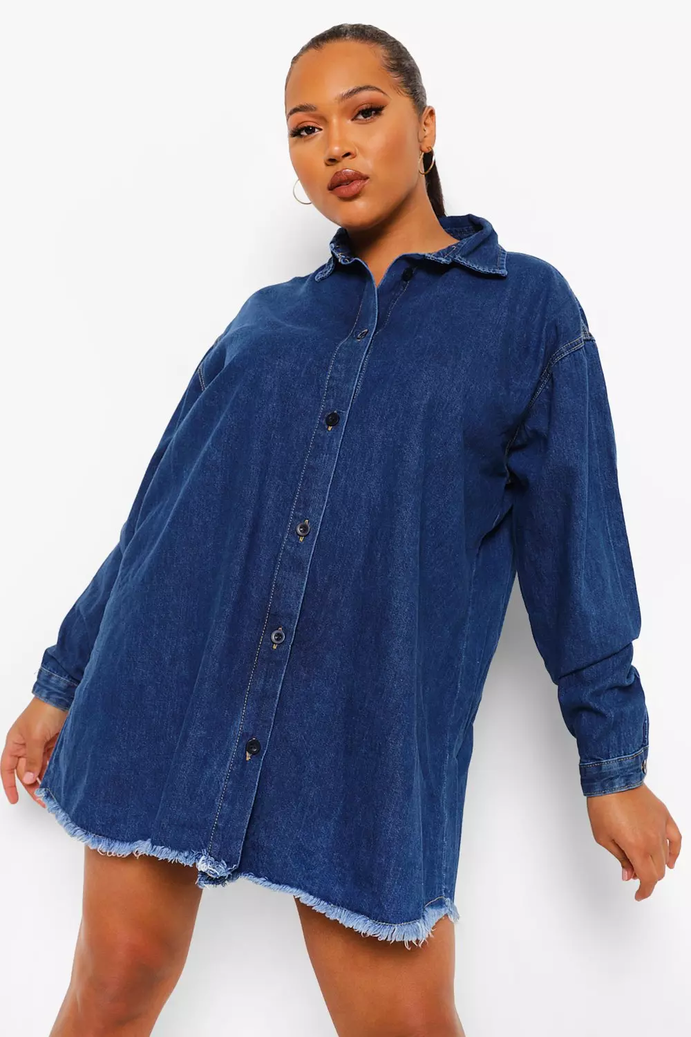 Denim frayed hem long sleeve 2024 shirt dress